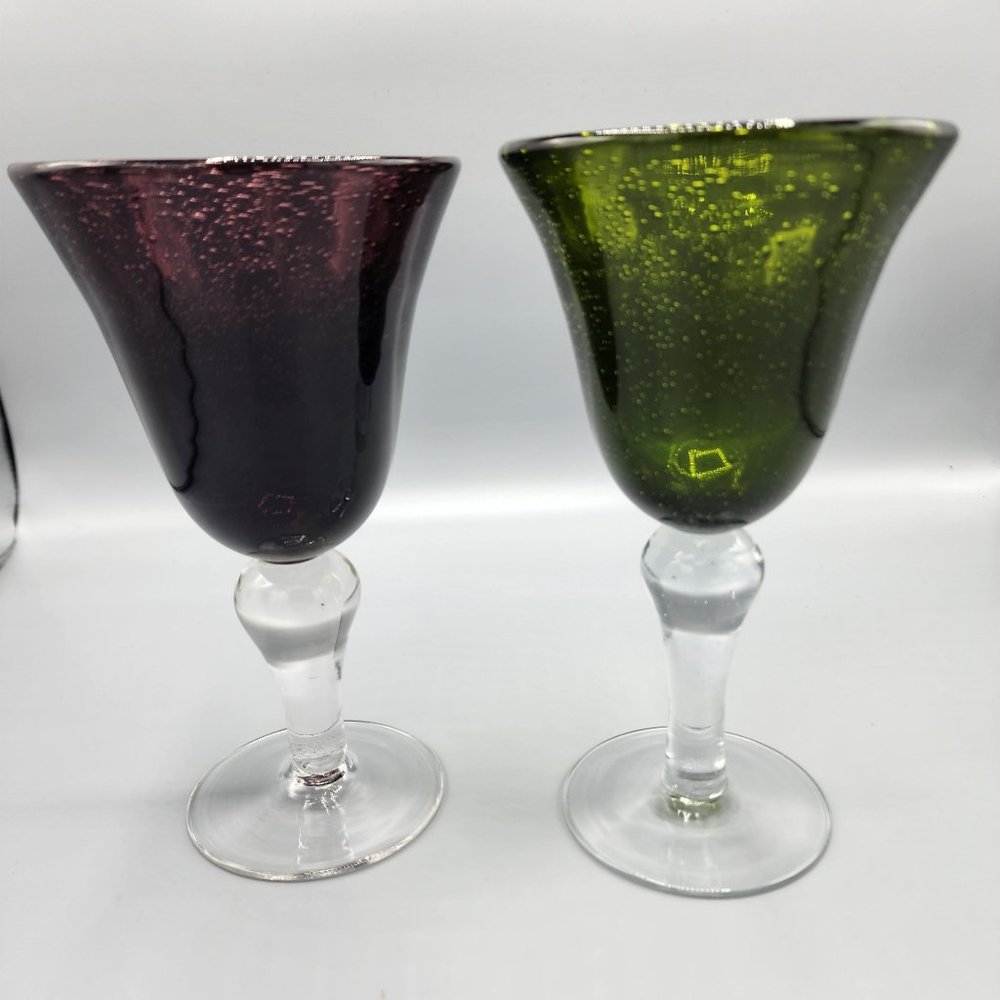 Artland Iris bubble hand blown plum & avocado colored glass‎ goblets set of 2